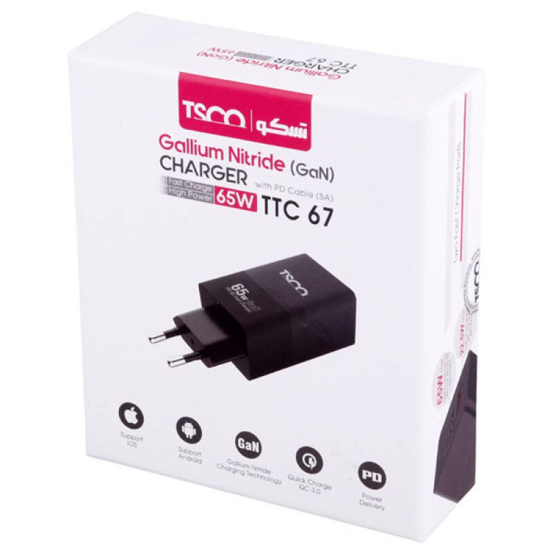 شارژر دیواری 65 واتی تسکو مدل TTC 67 همراه با کابل PD