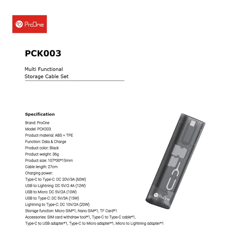 کابل تبدیل USB-C به USB-C / لایتنینگ / USB / micro USB پرووان مدل PCK003 طول 27 سانتی متر