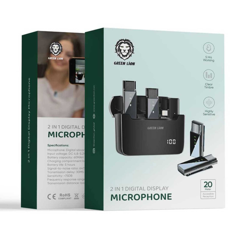 میکروفون یقه ای دوتایی وایرلس گرین لاین مدل GN2IN1DDMTCBK با رابط Type-C