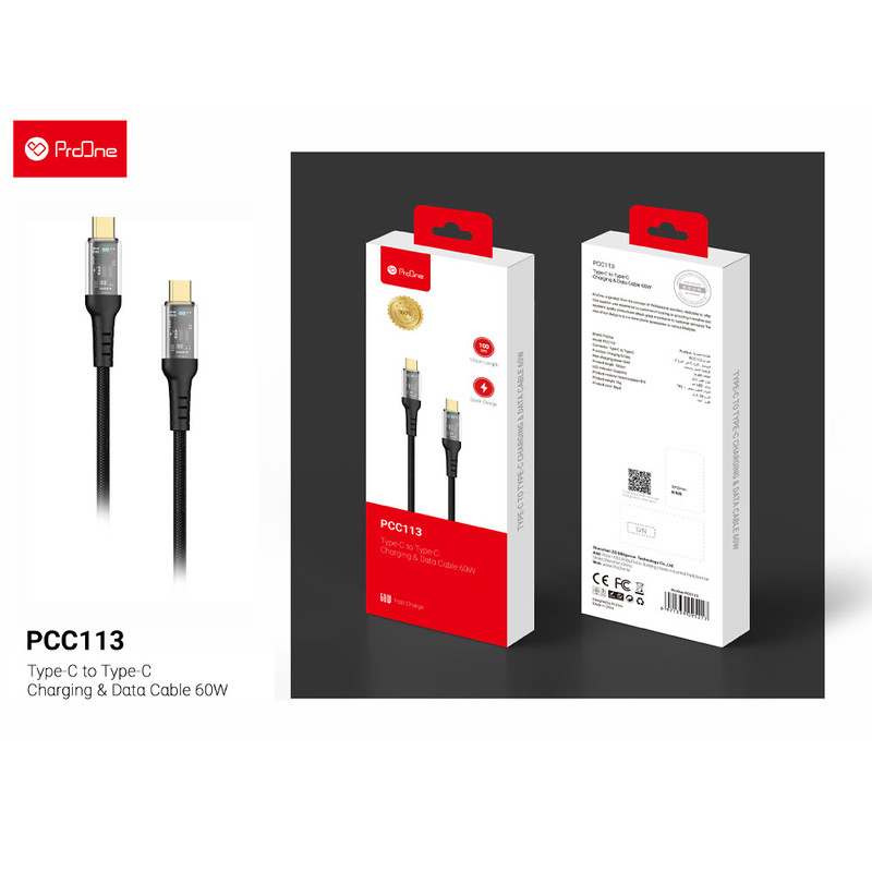 کابل تبدیل USB-C به USB-C پرووان مدل PCC113 60W PD طول 1 متر