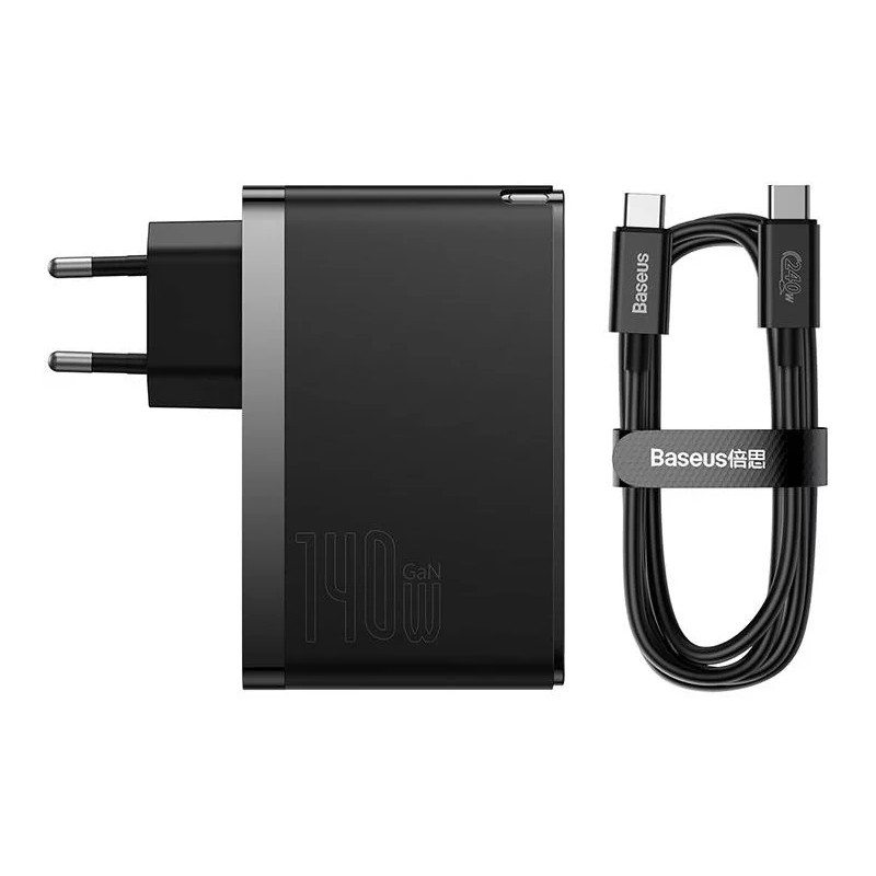 شارژر دیواری فست شارژ باسئوس مدل GaN5 Pro CCGP100 3Port 5A QC PD 140W به همراه کابل تبدیل تایپ سی