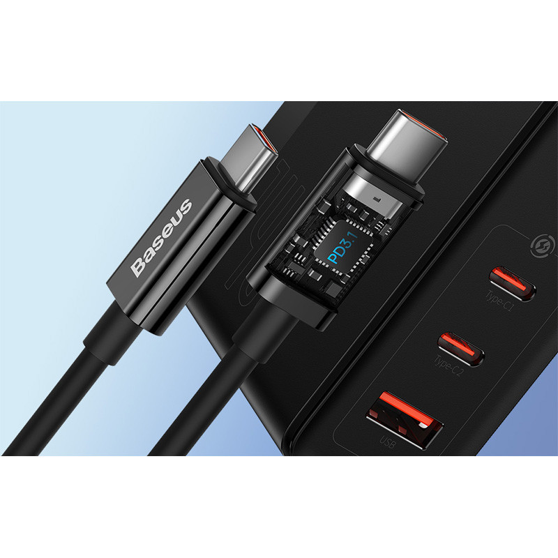 شارژر دیواری فست شارژ باسئوس مدل GaN5 Pro CCGP100 3Port 5A QC PD 140W به همراه کابل تبدیل تایپ سی