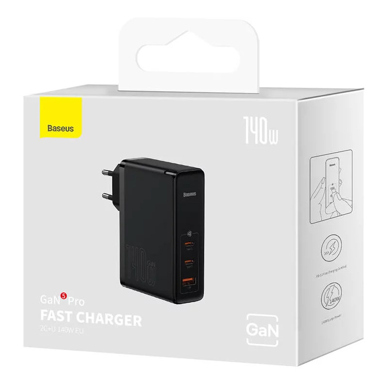 شارژر دیواری فست شارژ باسئوس مدل GaN5 Pro CCGP100 3Port 5A QC PD 140W به همراه کابل تبدیل تایپ سی