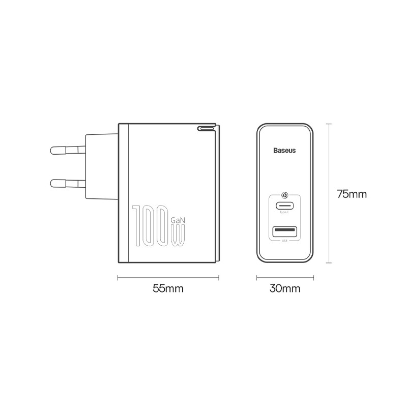 شارژر دیواری فست شارژ باسئوس مدل CCGP09020 GaN5 Pro توان خروجی 100وات به همراه کابل تبدیل تایپ سی