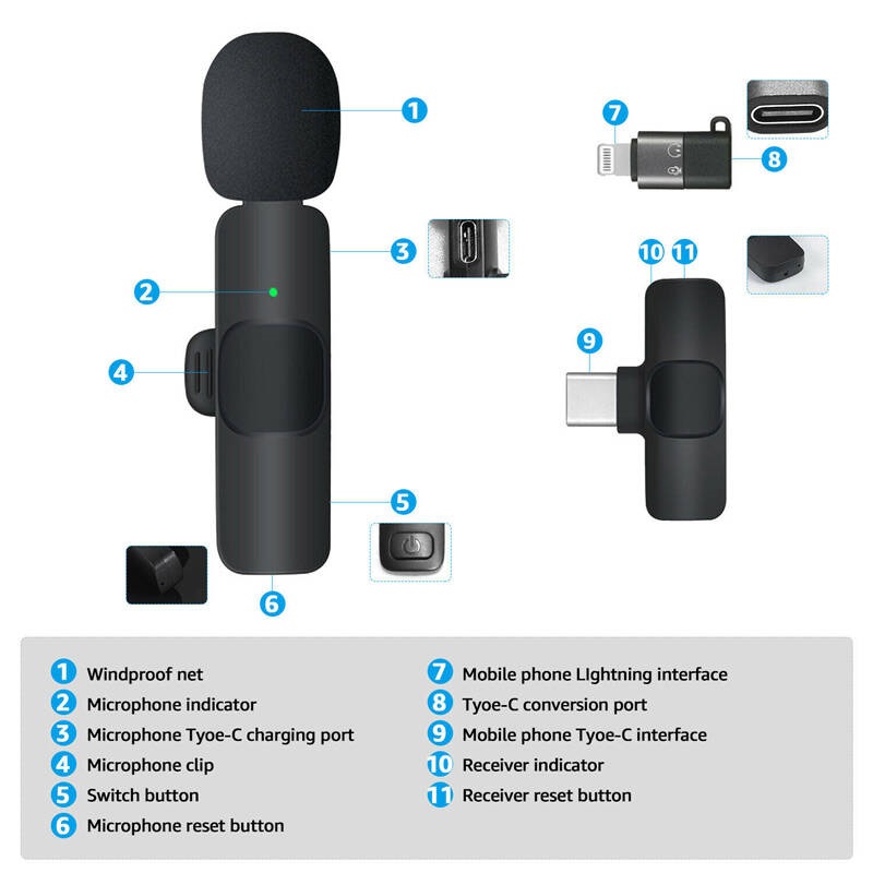 میکروفون یقه ای وایرلس K9 همراه تبدیل Type-C to Lightning