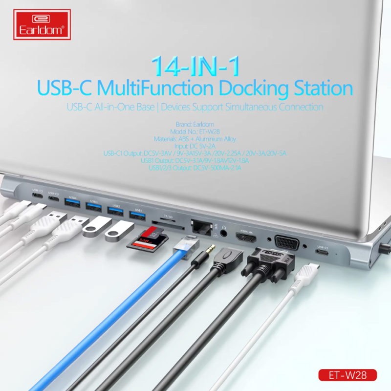 هاب 14 پورت تایپ سی به USB/SD/TF/AUX/HDMI/VGA/RJ45/Type-C ارلدام مدل ET-W28