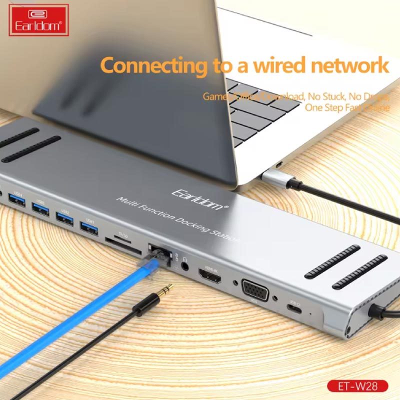هاب 14 پورت تایپ سی به USB/SD/TF/AUX/HDMI/VGA/RJ45/Type-C ارلدام مدل ET-W28