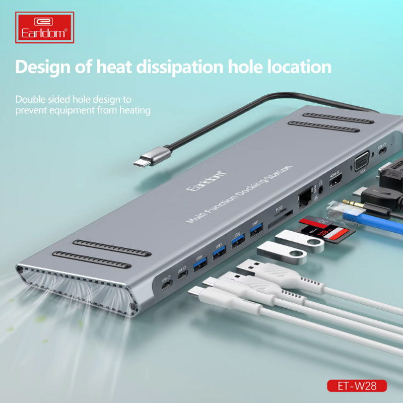 هاب 14 پورت تایپ سی به USB/SD/TF/AUX/HDMI/VGA/RJ45/Type-C ارلدام مدل ET-W28