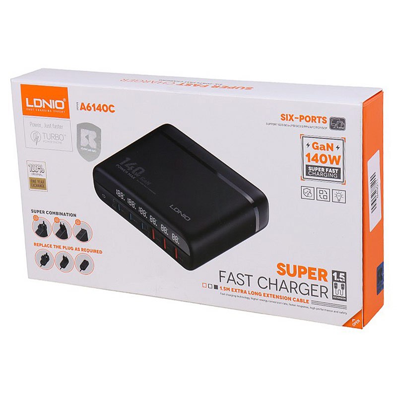 شارژر دیواری 6 پورت الدینیو مدل A6140C با توان خروجی 140 وات همراه با کابل تایپ سی و 3 عدد تبدیل