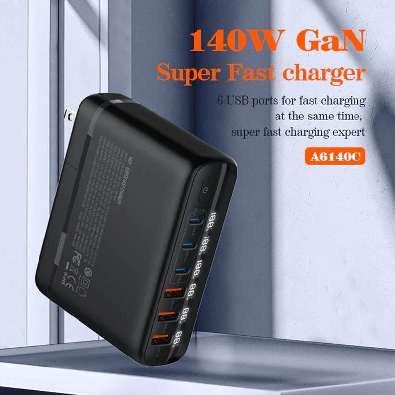 شارژر دیواری 6 پورت الدینیو مدل A6140C با توان خروجی 140 وات همراه با کابل تایپ سی و 3 عدد تبدیل