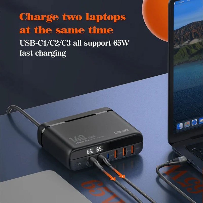شارژر دیواری 6 پورت الدینیو مدل A6140C با توان خروجی 140 وات همراه با کابل تایپ سی و 3 عدد تبدیل