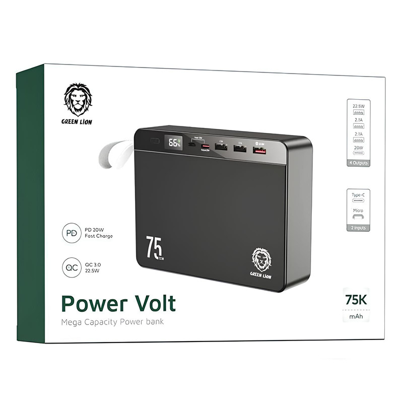 پاور بانک فست شارژ گرین لاین مدل Power Volt با ظرفیت 75000 میلی آمپر ساعت