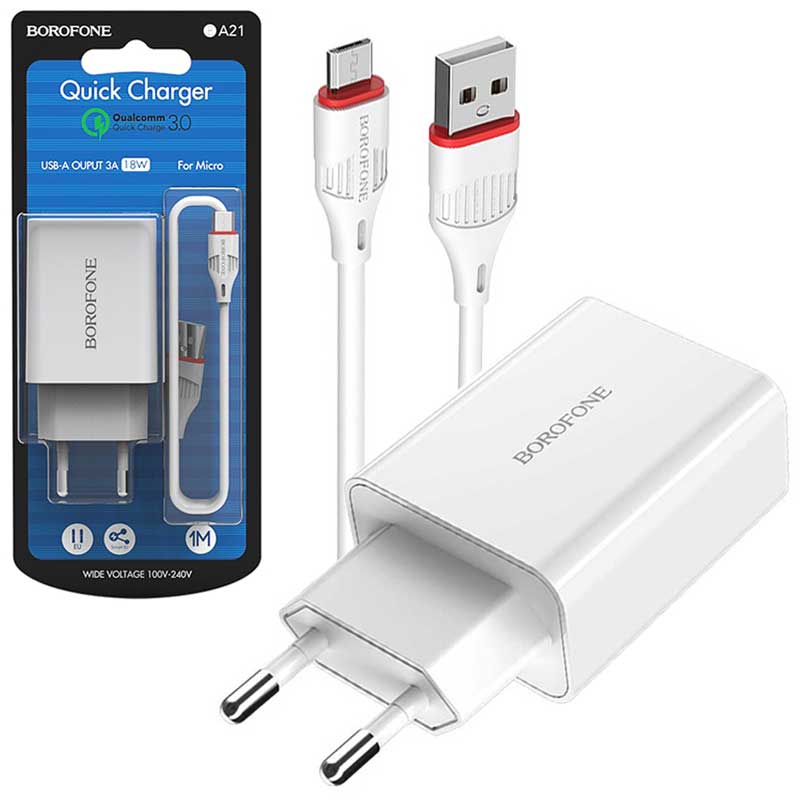 شارژر دیواری بروفون مدل BA-21 QC3 به همراه کابل تبدیل microUSB