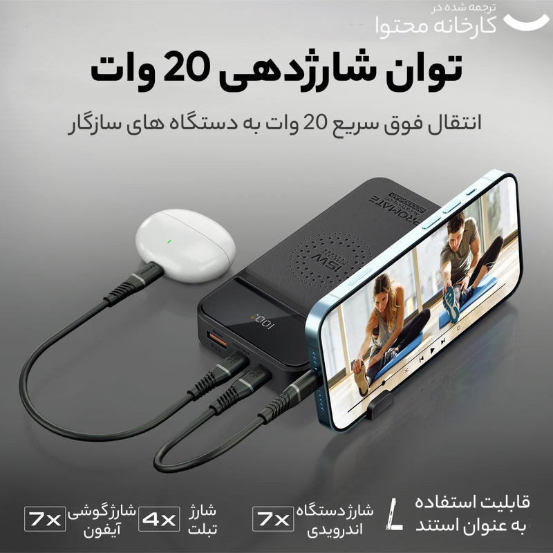 پاوربانک بی سیم پرومیت مدل AURATORQ-20 با ظرفیت 20000 میلی آمپر ساعت