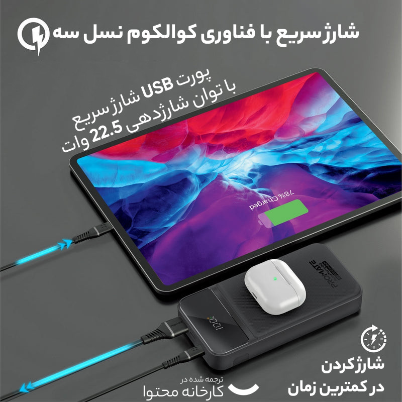 پاوربانک بی سیم پرومیت مدل AURATORQ-20 با ظرفیت 20000 میلی آمپر ساعت