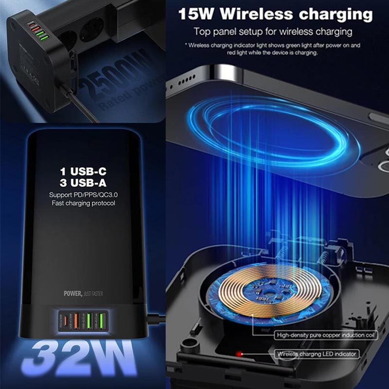 چند راهی برق الدینیو مدل SEW4485 با کابل 200 سانتی متری و 3 پورت USB و 1 عدد تایپ سی
