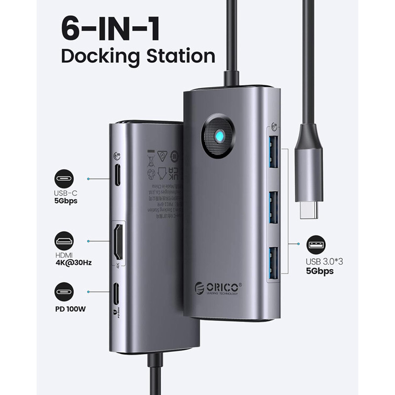 هاب 6 پورت اوریکو Type-C به USB 3.0/Type-C/HDMI مدل PW11-6P
