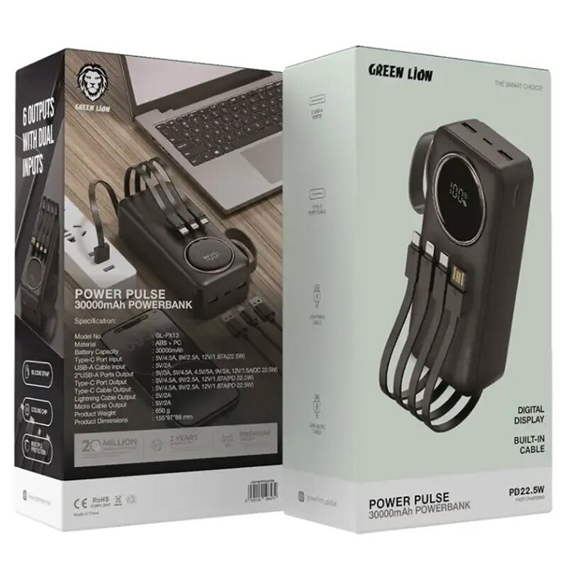 پاور بانک فست شارژ گرین لاین مدل Power Pulse GL-PX13 PD QC3.0 22.5W ظرفیت 30000 میلی آمپر ساعت
