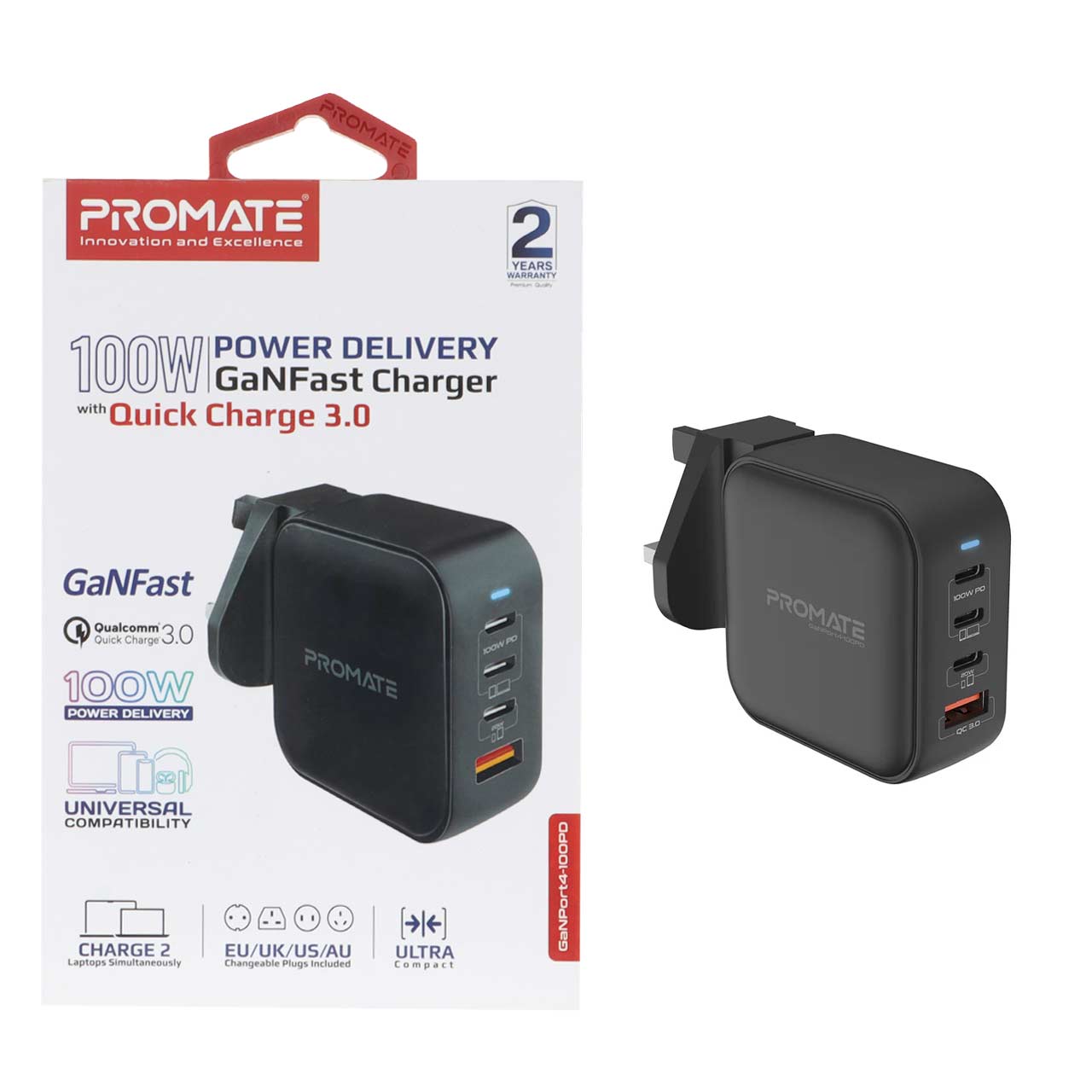 شارژر دیواری چهار پورت پرومیت مدل GaNPort4-100PD.Multi Plug 100W