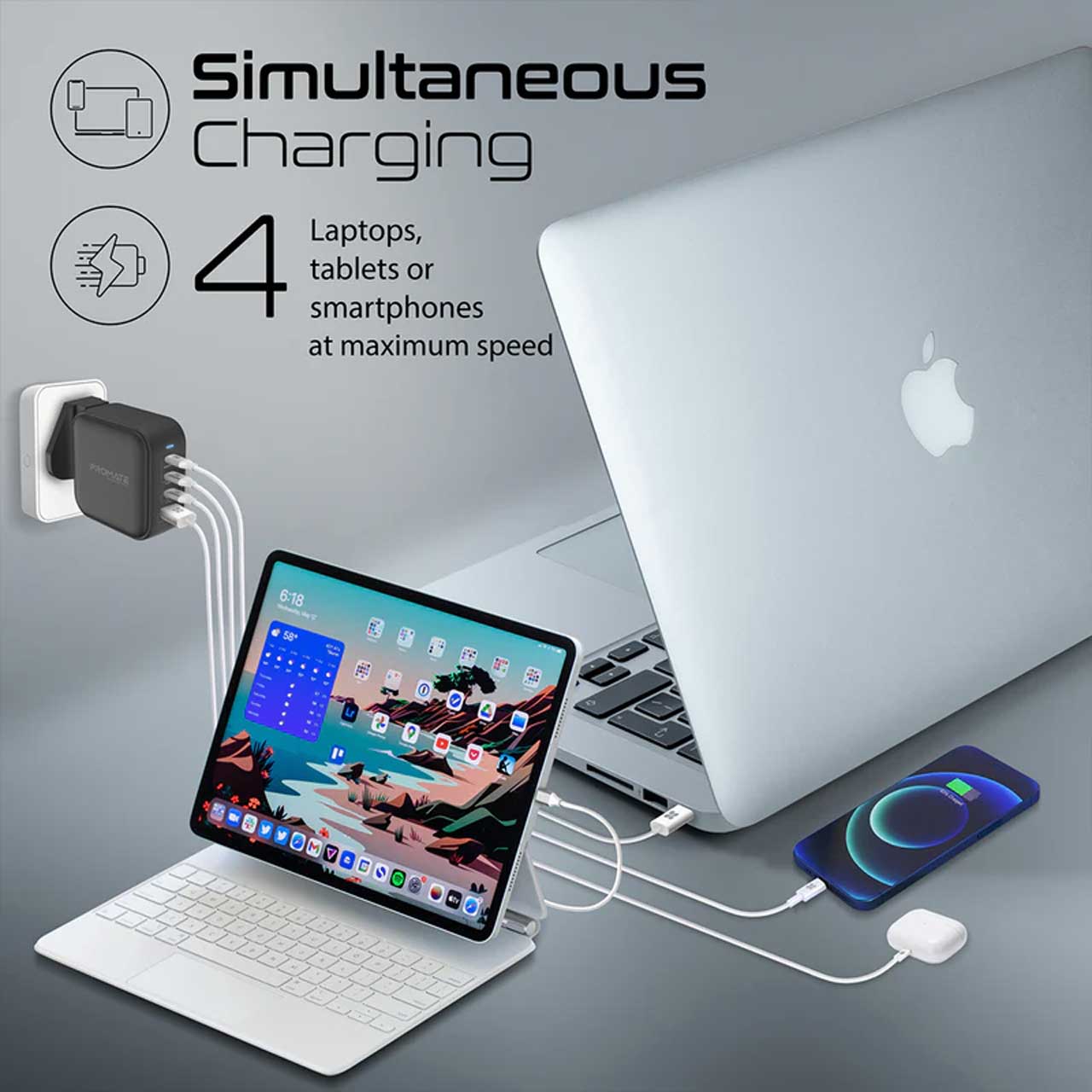 شارژر دیواری چهار پورت پرومیت مدل GaNPort4-100PD.Multi Plug 100W