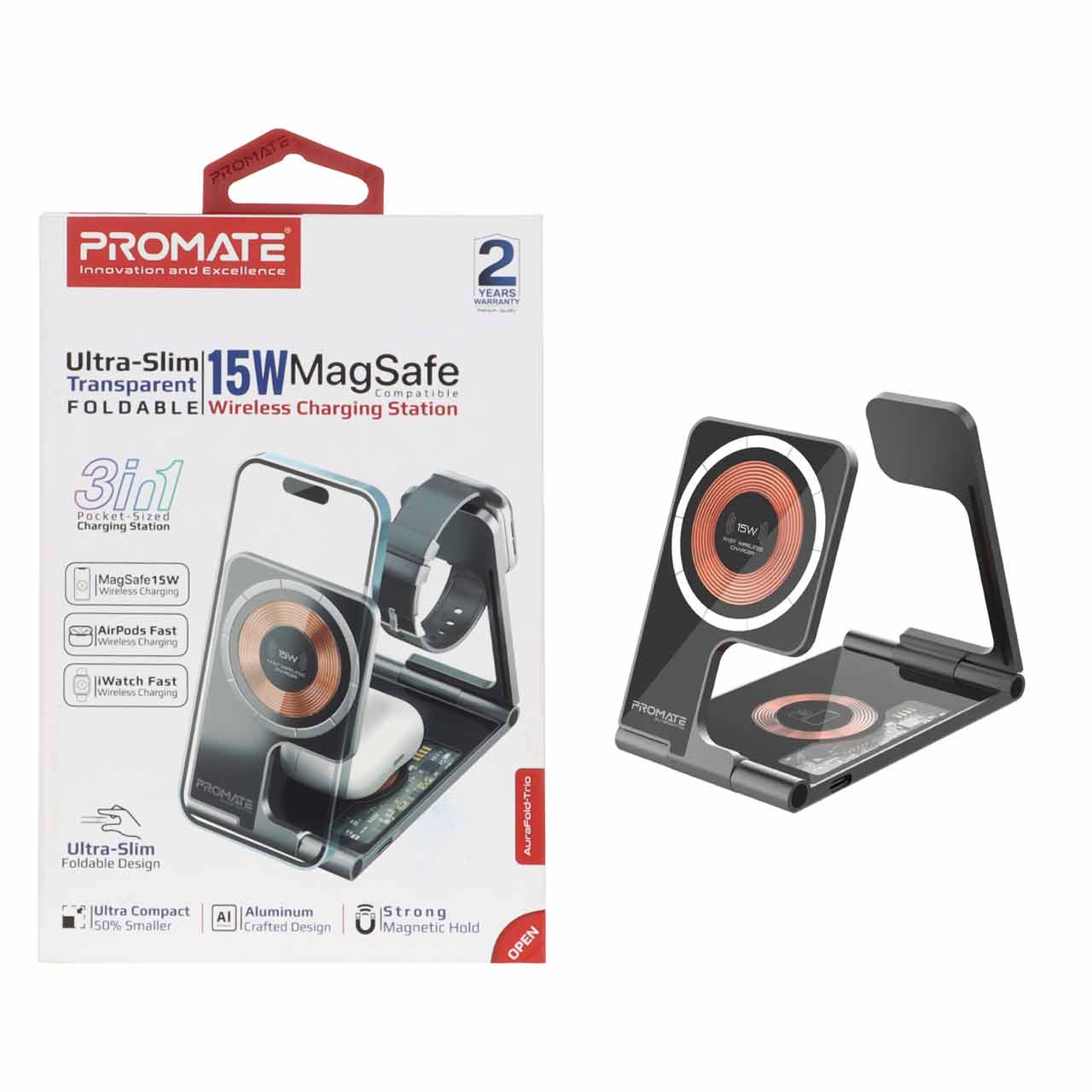 شارژر وایرلس سه کاره پرومیت مدل AuraFold-Trio