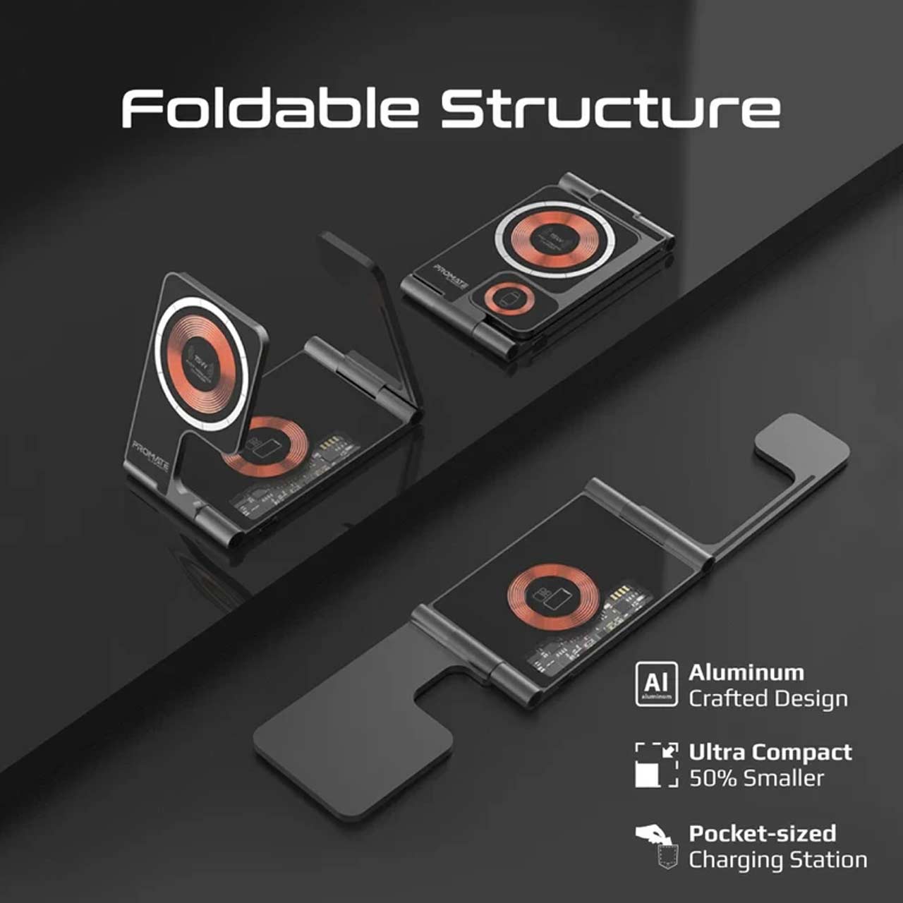 شارژر وایرلس سه کاره پرومیت مدل AuraFold-Trio