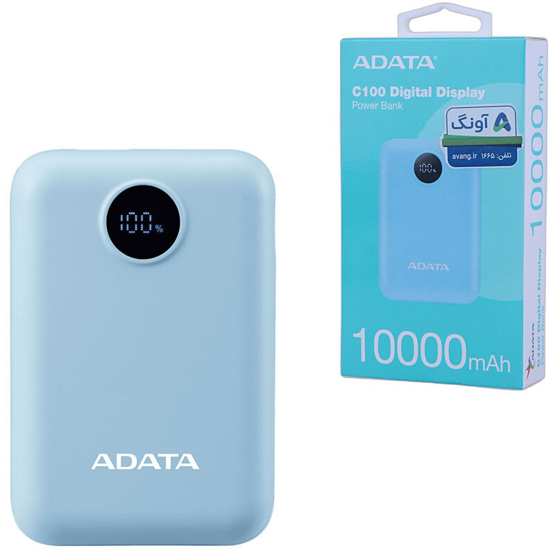 تصویر پاور بانک فست شارژ ای دیتا مدل C100 Digital Display QC3.0 PD 20W ظرفیت 10000 میلی آمپر ساعت 